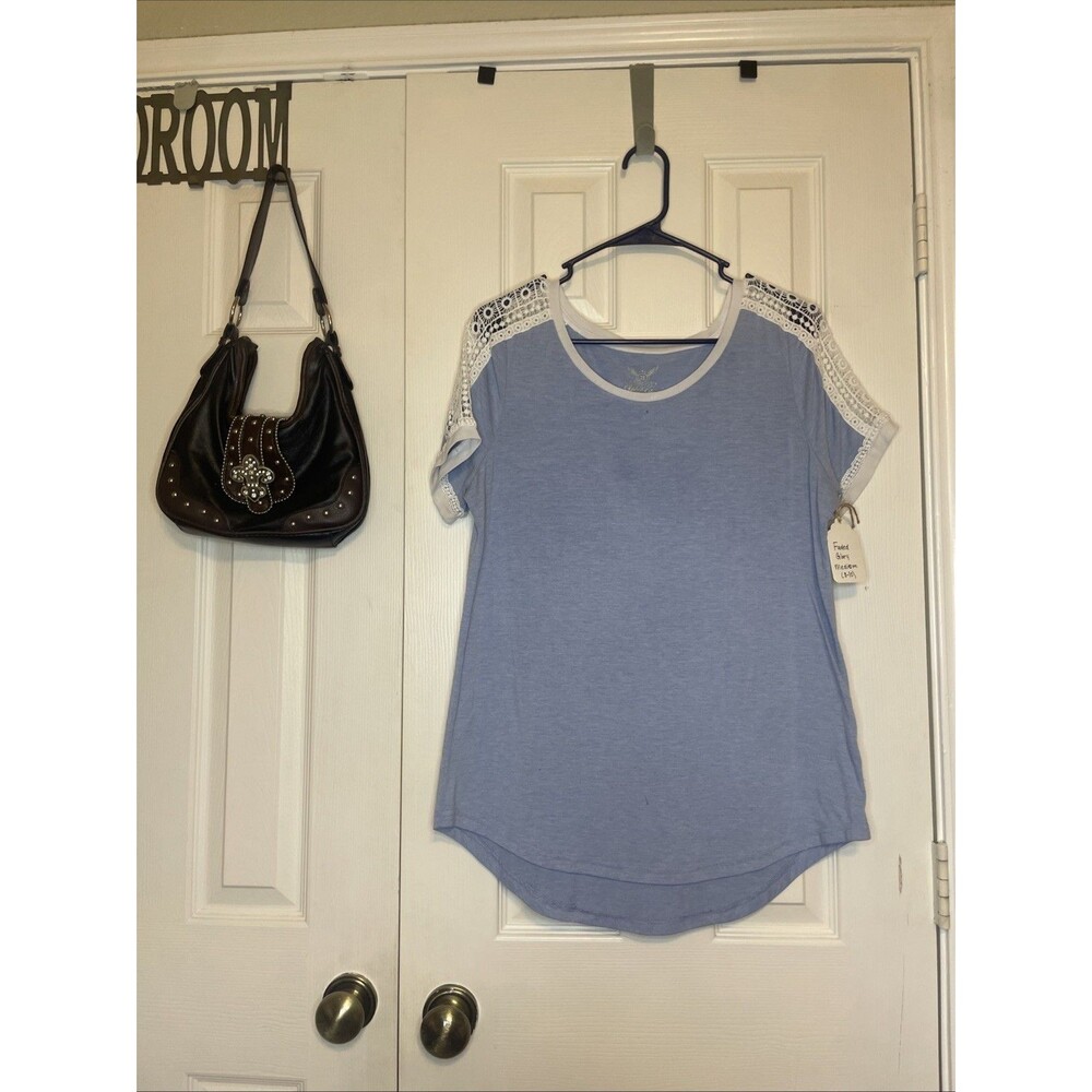 Faded Glory Women’s Medium Blue Tee with White Crochet Lace Shoulder Detail
